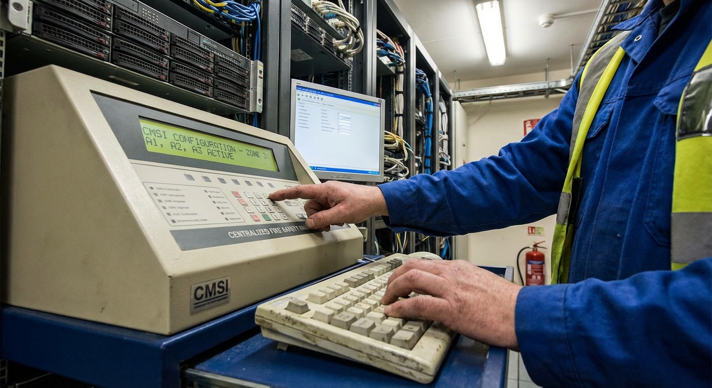 Différence entre SDI et SSI : comprendre les composants 4 Alise SSI – Sécurité et Sérénité Assurée Alise Technicien programmant un centralisateur de mise en sécurité incendie CMSI