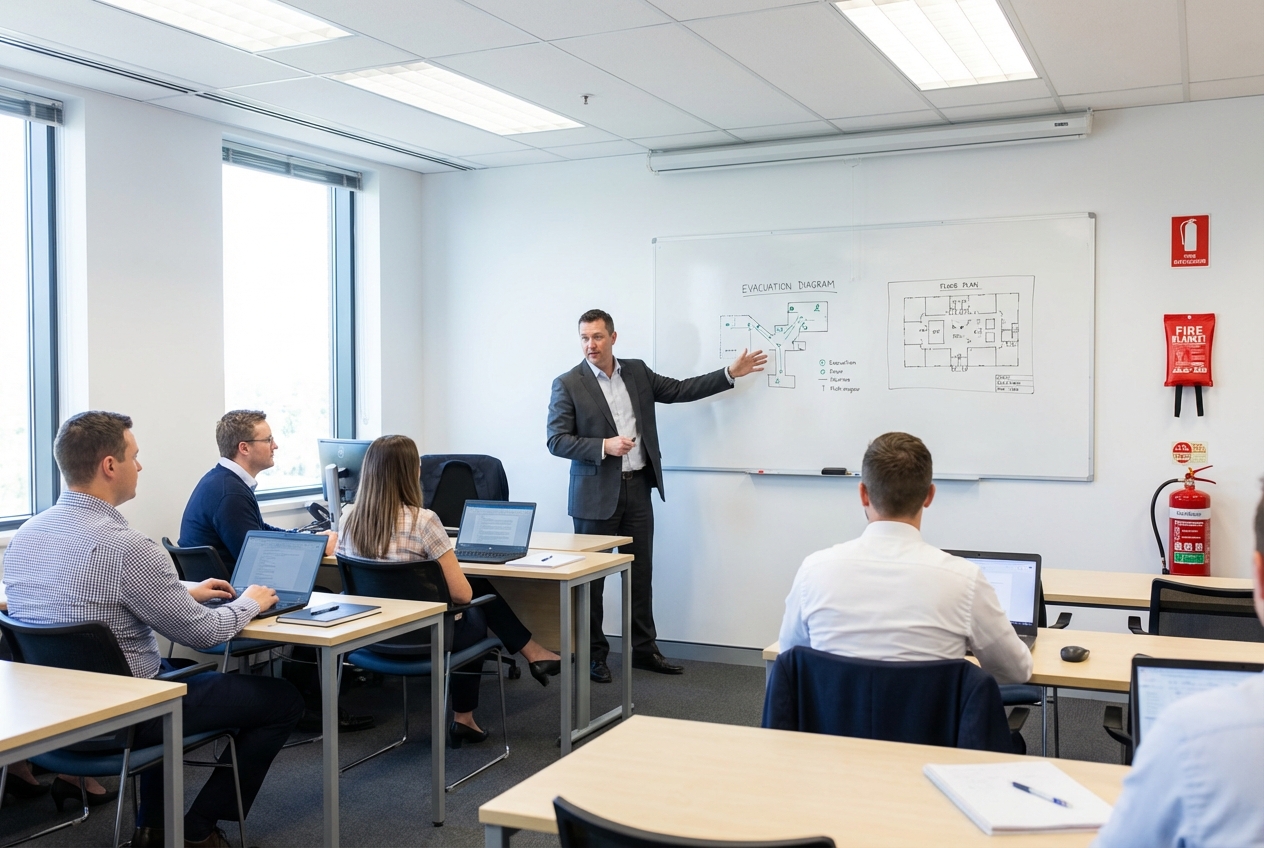 Guide-file et serre-file : rôles, obligations et formation 3 Alise SSI – Sécurité et Sérénité Assurée Alise Salle de formation sécurité incendie avec formateur expliquant les procédures d'évacuation