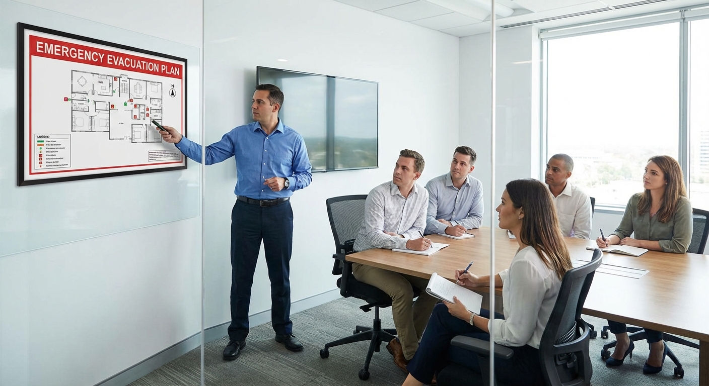 Guide-file et serre-file : rôles, obligations et formation 1 Alise SSI – Sécurité et Sérénité Assurée Alise Formateur sécurité incendie expliquant le plan d'évacuation à des salariés en salle de formation