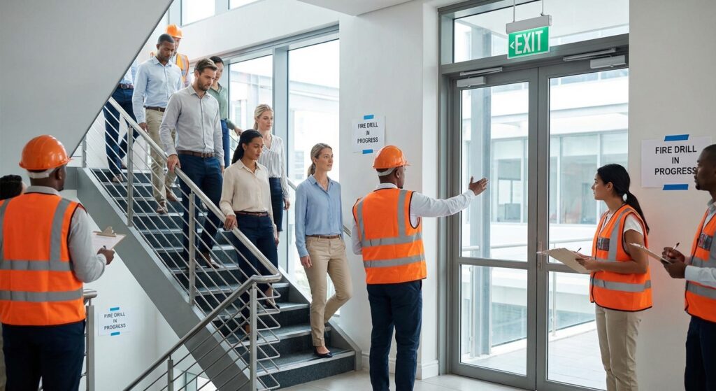 Guide-file et serre-file : rôles, obligations et formation 17 Alise SSI – Sécurité et Sérénité Assurée Alise Exercice d’évacuation incendie avec guide-file en gilet fluorescent dirigeant les employés vers la sortie de secours