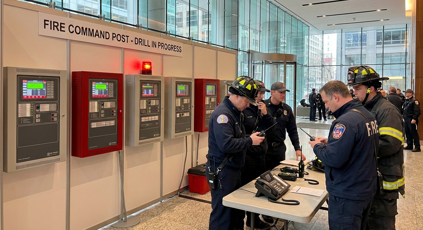 Installation SSI en immeuble de grande hauteur (IGH) : spécificités 3 Alise SSI – Sécurité et Sérénité Assurée Alise Poste de commandement de sécurité incendie dans le hall d’un IGH