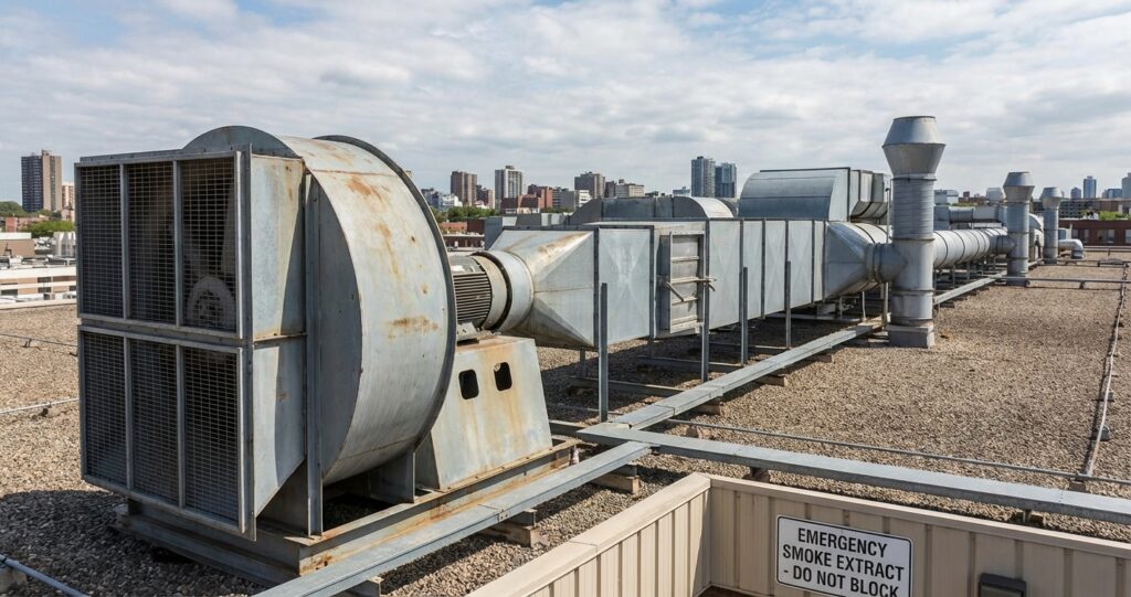 Désenfumage mécanique en ERP : avantages et contraintes d'installation 16 Alise SSI – Sécurité et Sérénité Assurée Alise Système de désenfumage mécanique avec ventilateur axial et réseau de gaines dans un bâtiment commercial ERP