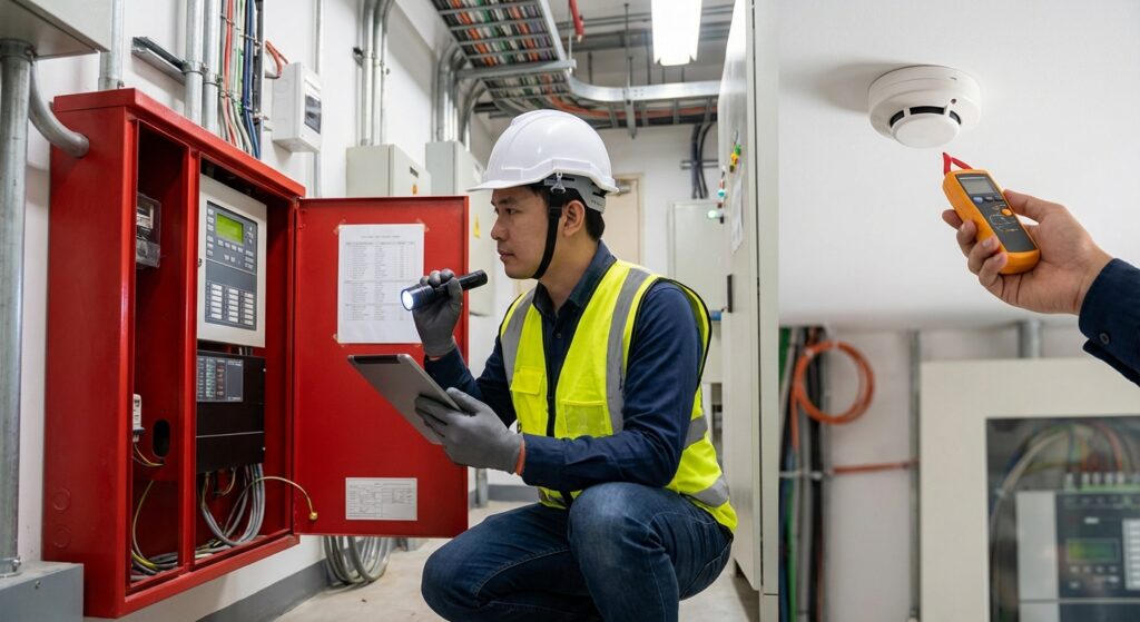 Maintenance préventive des systèmes de sécurité incendie : indispensable pour éviter les risques 6 Sécurité et Sérénité Assurée Alise SSI Ingénieur inspectant les composants d'un système SSI