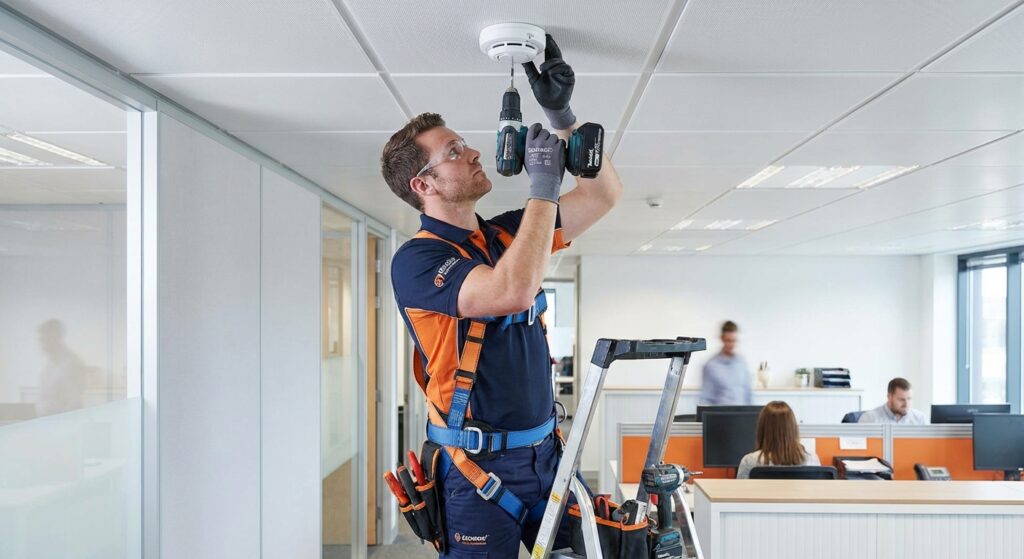 Installation alarme incendie en entreprise : prix et étapes 6 Alise SSI – Sécurité et Sérénité Assurée Alise Technicien installant une alarme incendie au plafond dans un bureau