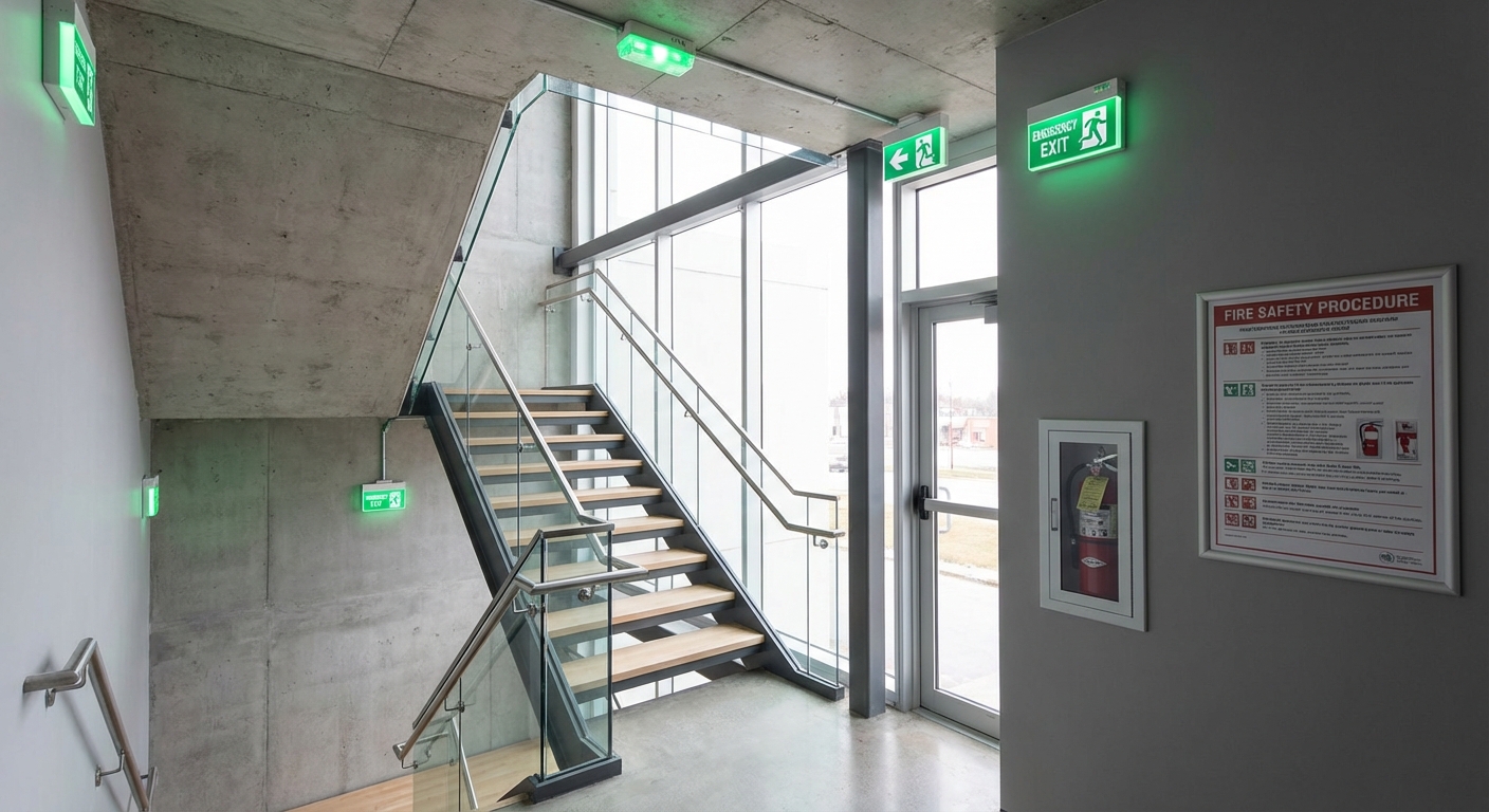 Porte coupe-feu pour cage d'escalier : normes et installation 4 Alise SSI – Sécurité et Sérénité Assurée Alise Cage d'escalier avec signalétique sécurité incendie et éclairage de secours