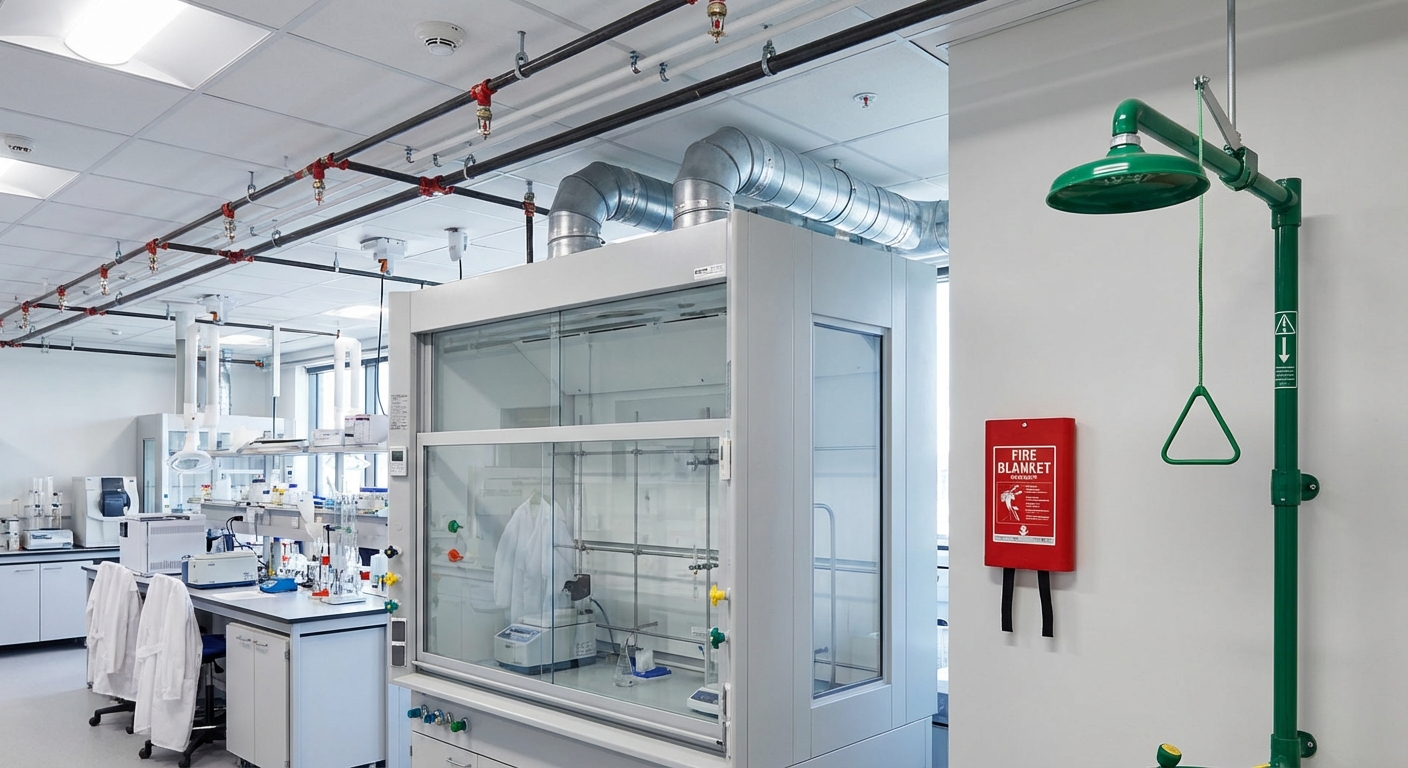 Les équipements de sécurité incendie pour les laboratoires et industries chimiques 1 Sécurité et Sérénité Assurée Alise SSI Laboratoire chimique avec hotte et systeme sprinkler au plafond