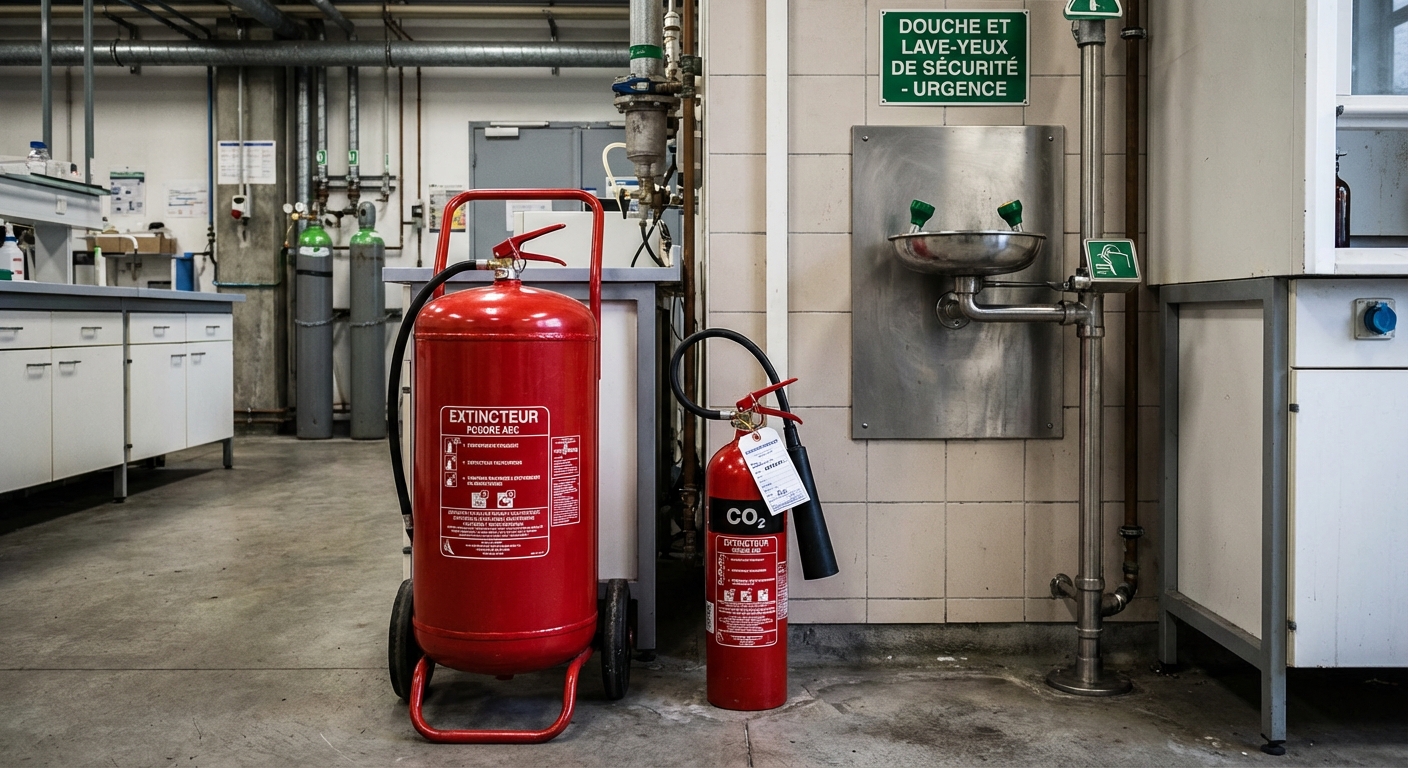 Équipements de sécurité incendie dans un laboratoire industriel