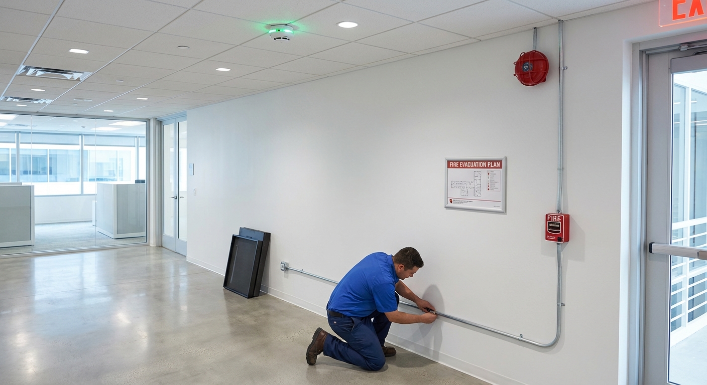 Installation alarme incendie entreprise avec detecteur et declencheur