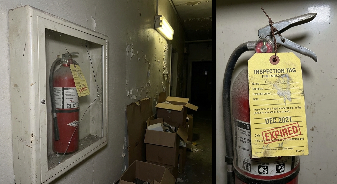 Extincteur négligé avec étiquette de vérification expirée