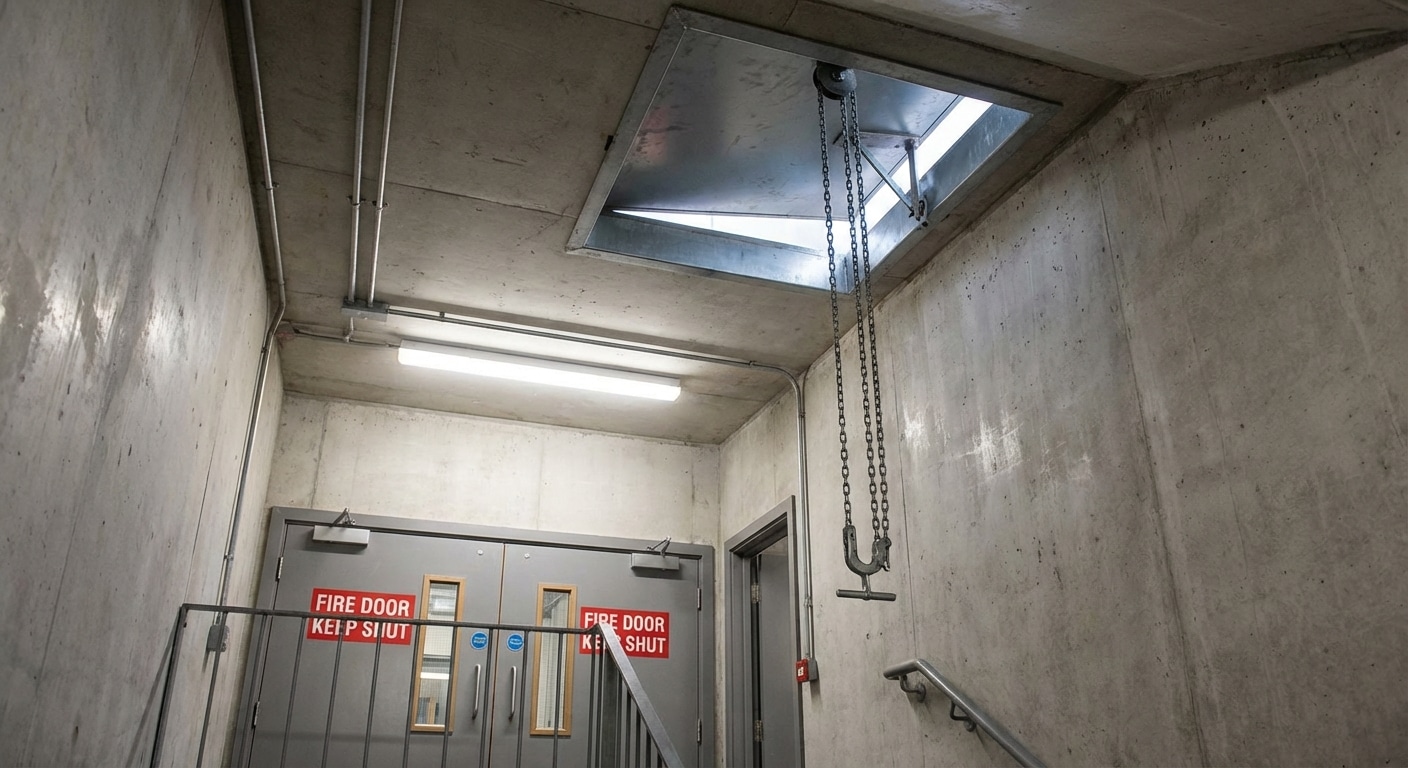 Désenfumage escalier obligatoire : Les règles à connaître 2 Sécurité et Sérénité Assurée Alise SSI Ouvrant desenfumage en haut escalier encloisonne ERP