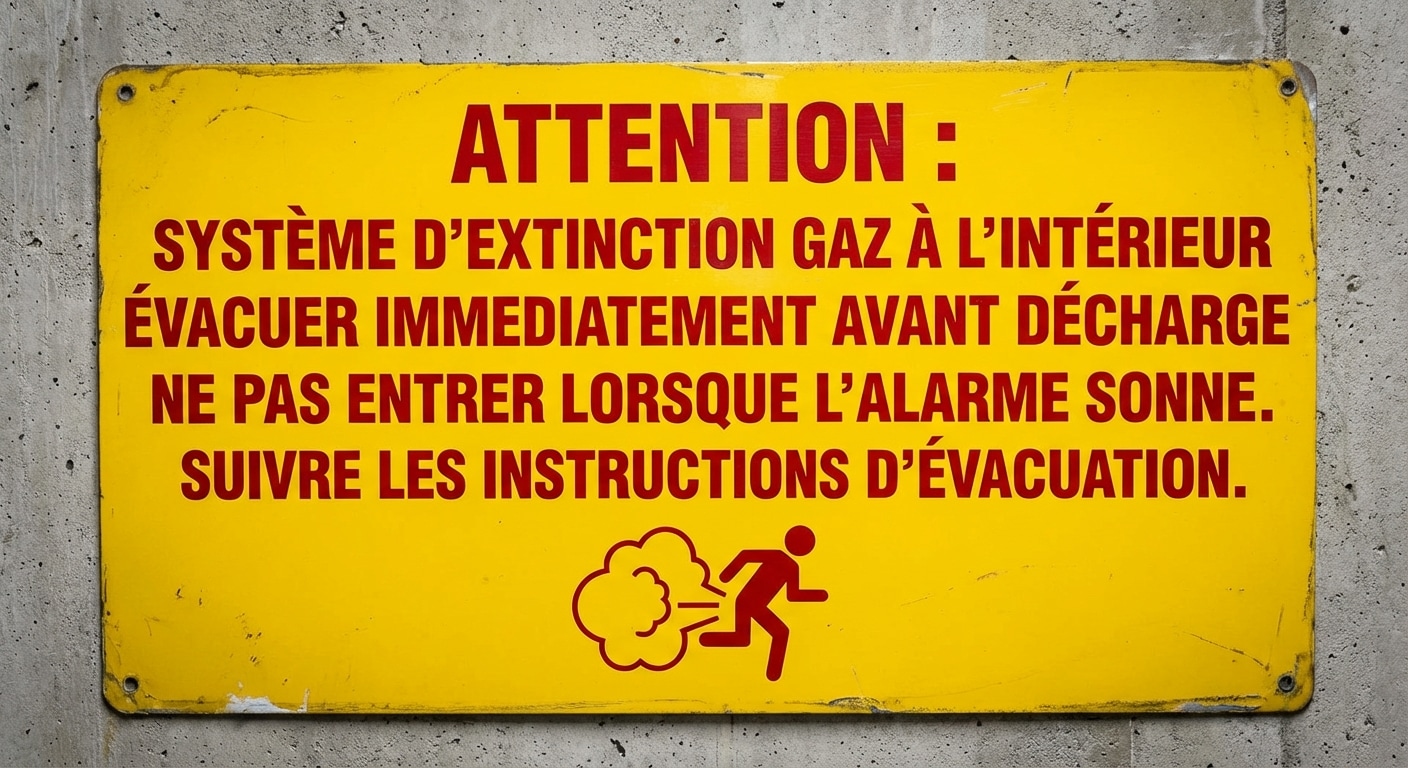 Extinction automatique à gaz : fonctionnement et avantages 3 Sécurité et Sérénité Assurée Alise SSI Panneau avertissement extinction gaz evacuation obligatoire