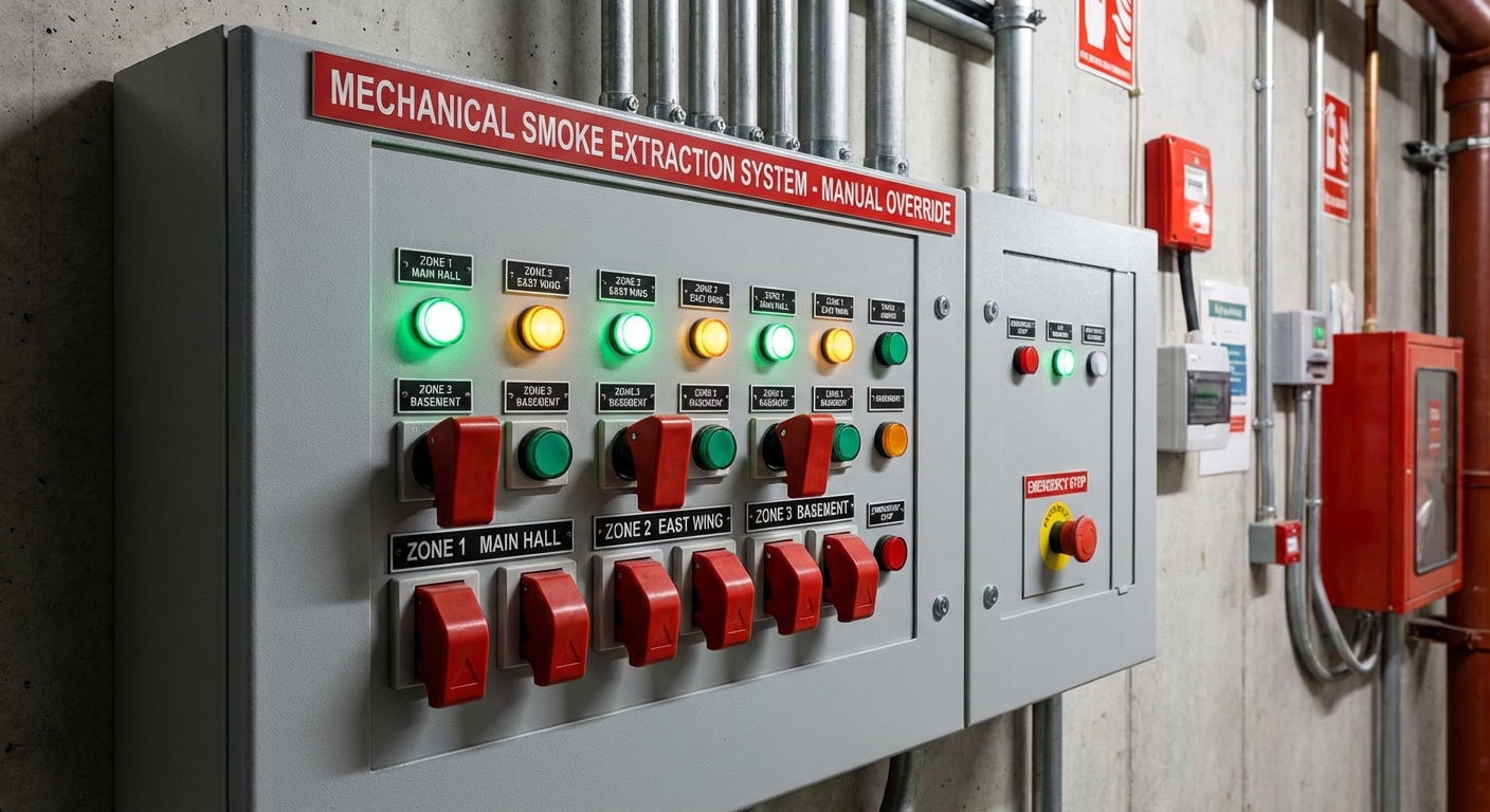 Désenfumage mécanique en ERP : avantages et contraintes d'installation 4 Alise SSI – Sécurité et Sérénité Assurée Alise Panneau de commande du système de désenfumage mécanique avec commutateurs manuels