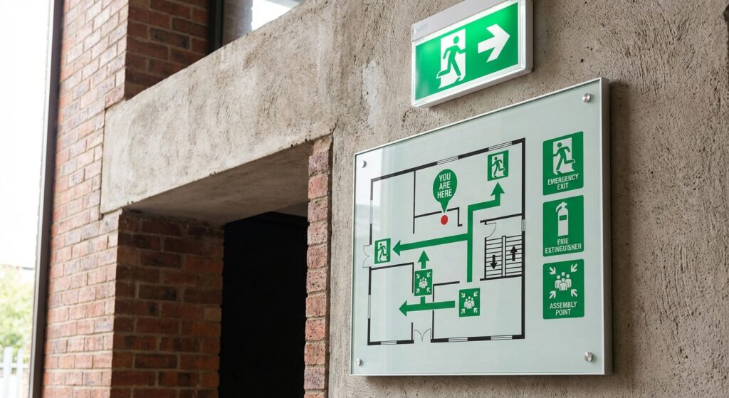 Pictogramme plan d’évacuation : Un guide complet pour votre sécurité à Lyon 17 Sécurité et Sérénité Assurée Alise SSI Plan d'évacuation avec pictogrammes verts sur un mur