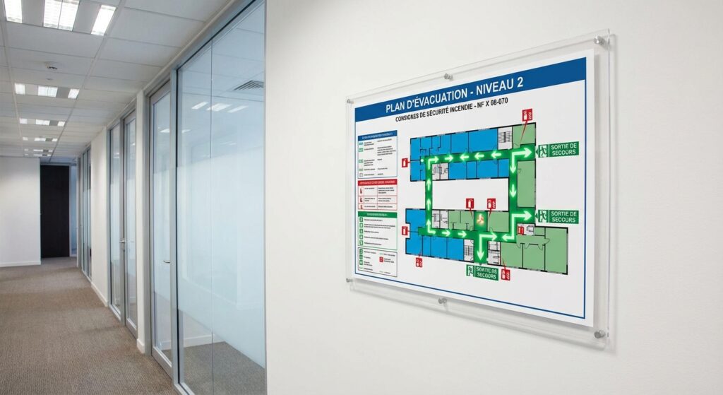 Tout savoir sur la norme NF X 08-070 1 Sécurité et Sérénité Assurée Alise SSI Plan d evacuation conforme NF X 08-070 affiche dans un couloir