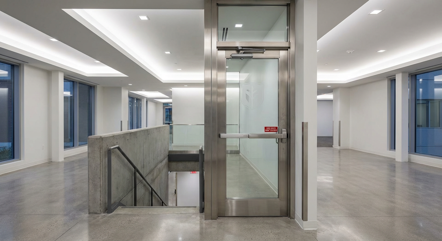 Porte coupe-feu vitree installee dans une cage d escalier ERP