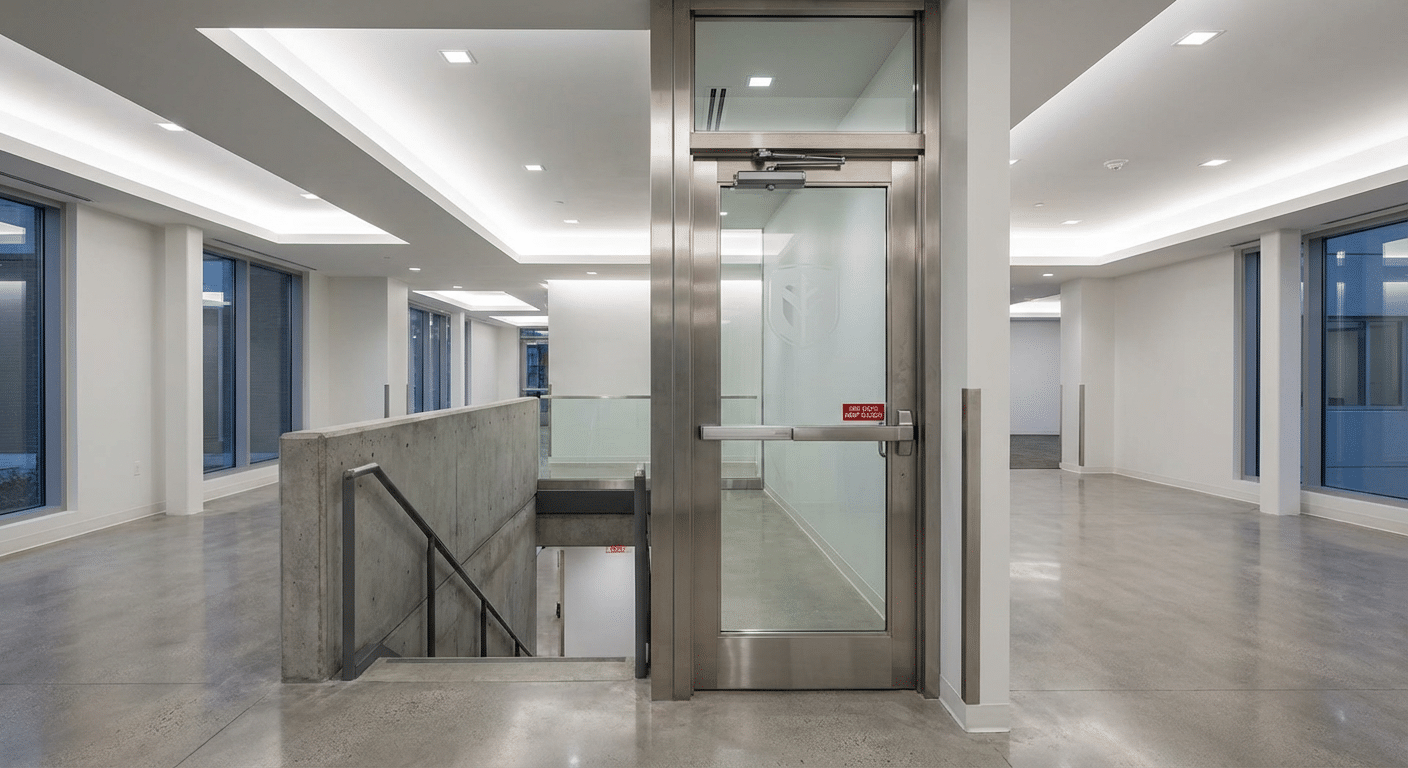 Porte coupe-feu vitree installee dans une cage d escalier ERP