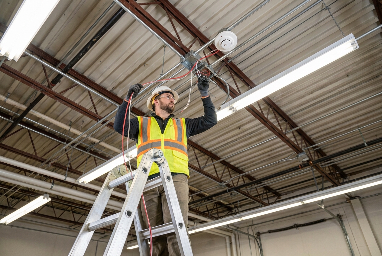 Installation alarme incendie en entreprise : prix et étapes 2 Alise SSI – Sécurité et Sérénité Assurée Alise Électricien installant le câblage d'une alarme incendie au plafond