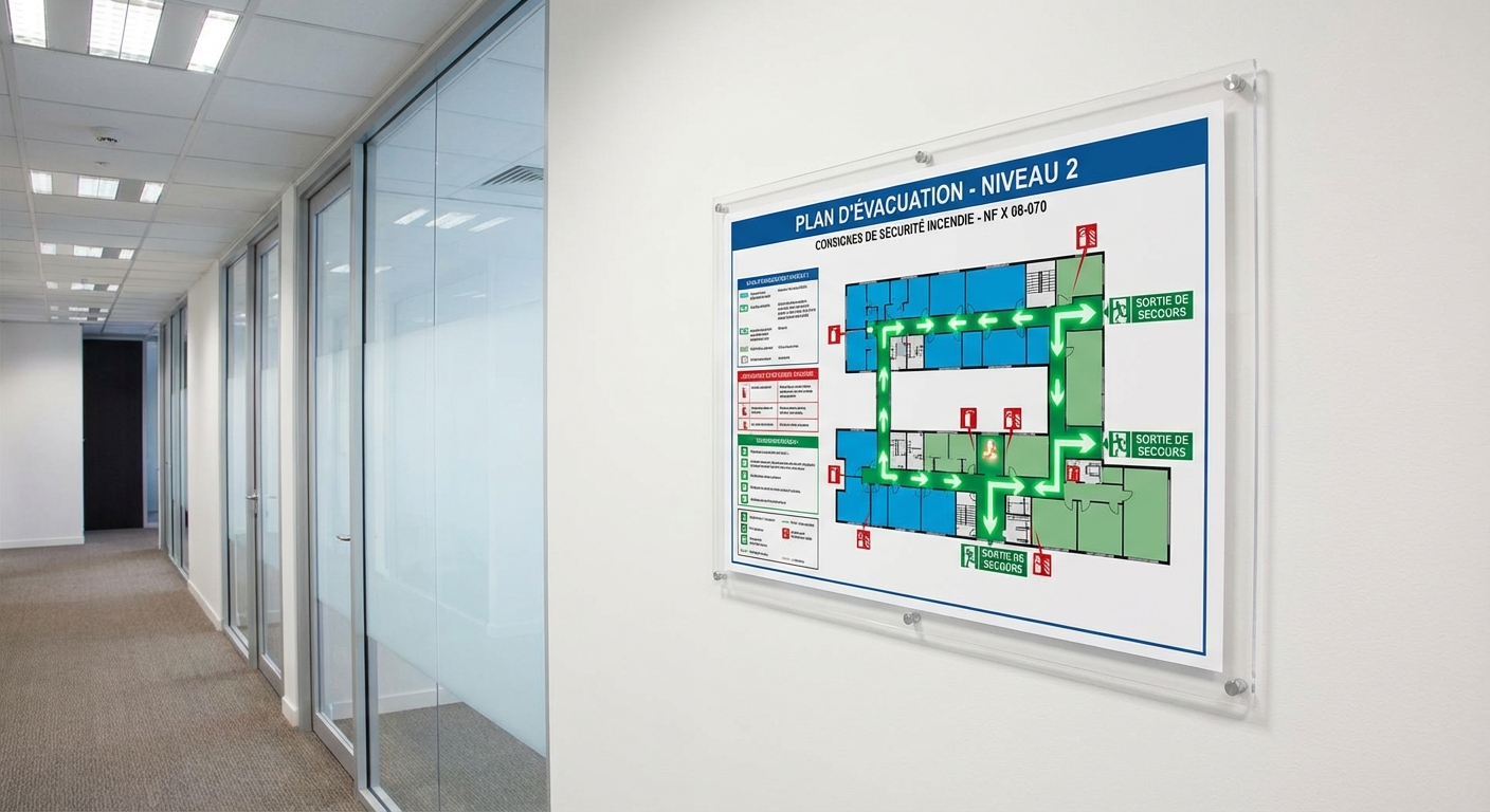 Plan d evacuation conforme NF X 08-070 affiche dans un couloir