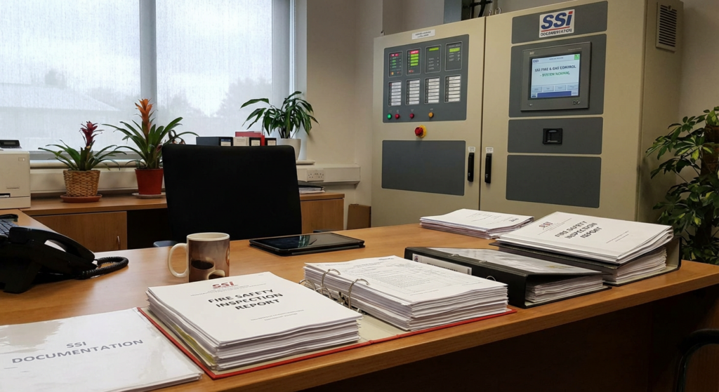 Rapport de vérification SSI : contenu, modèle et obligations 22 Alise SSI – Sécurité et Sérénité Assurée Alise Rapport de vérification SSI posé sur un bureau avec panneau de contrôle incendie