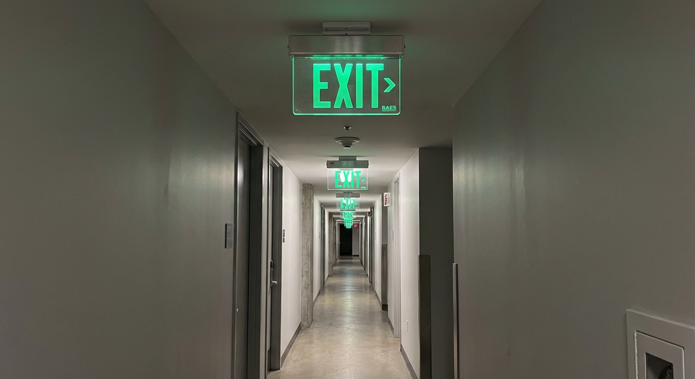 BAES : combien en installer et où les placer ? 4 Alise SSI – Sécurité et Sérénité Assurée Alise Rangée de BAES dans un couloir d'évacuation, vue en perspective