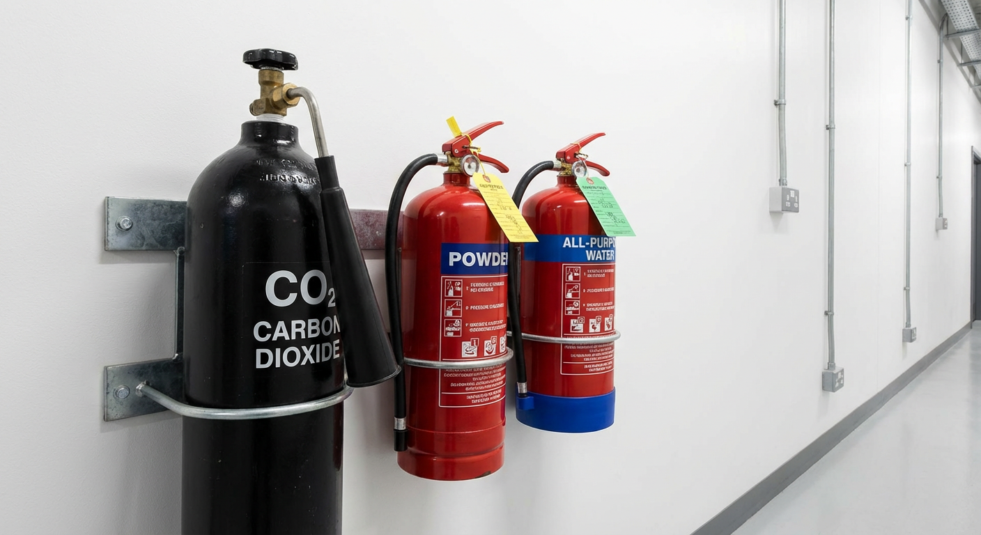 Vérification extincteur obligatoire : fréquence et réglementation 2026 2 Alise SSI – Sécurité et Sérénité Assurée Alise Différents types d'extincteurs installés : CO2, poudre et eau avec étiquettes de vérification