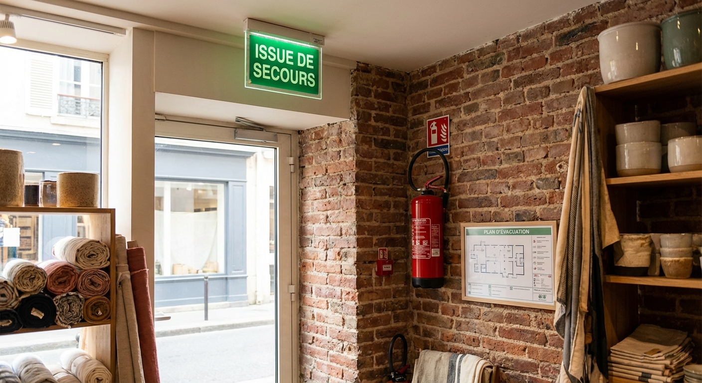 Sécurité incendie locaux pro : règles & astuces 🔥 1 Alise SSI – Sécurité et Sérénité Assurée Alise Commerce conforme aux normes incendie avec extincteur et plan evacuation