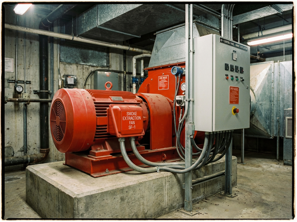 Désenfumage mécanique en ERP : avantages et contraintes d'installation 1 Alise SSI – Sécurité et Sérénité Assurée Alise Moteur de ventilateur de désenfumage et armoire de commande en local technique ERP