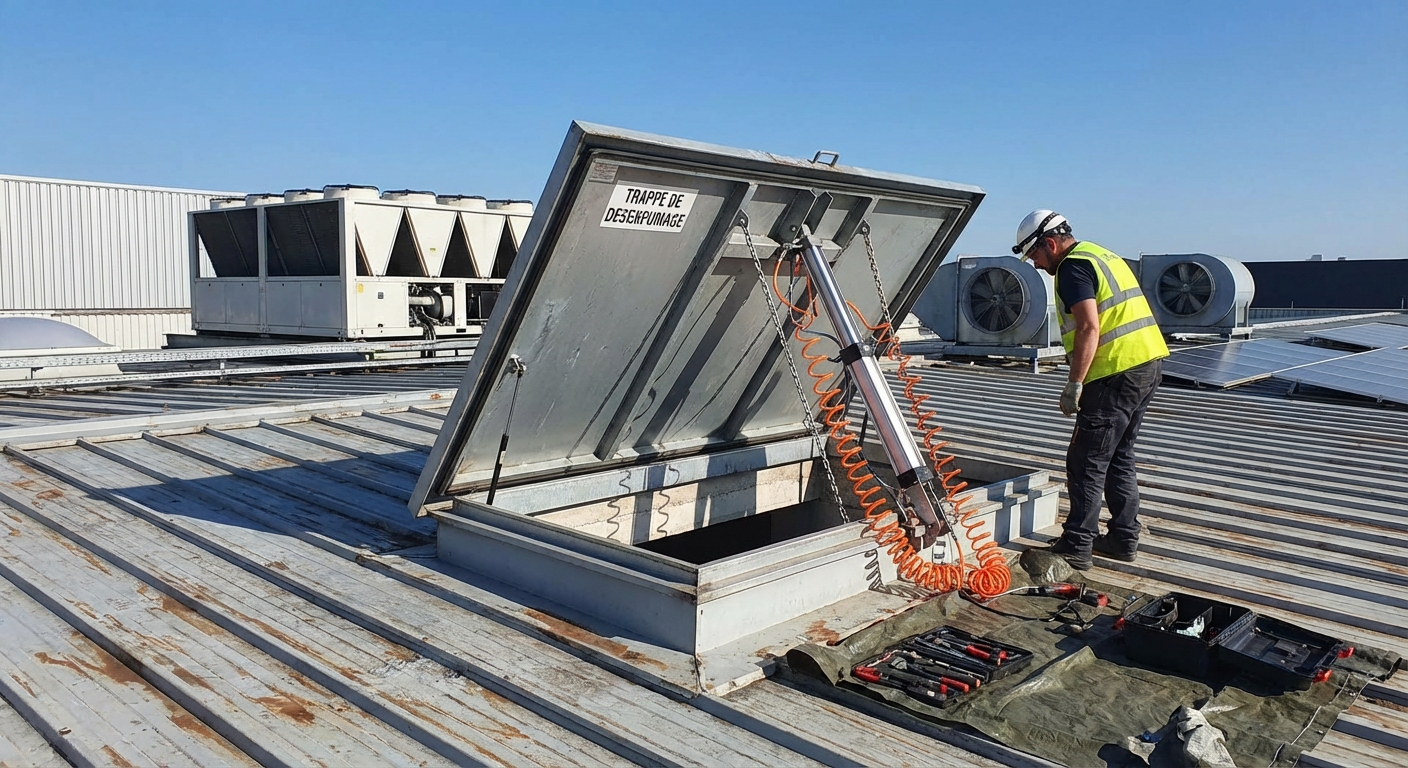 Trappe de desenfumage ouverte sur toiture batiment commercial