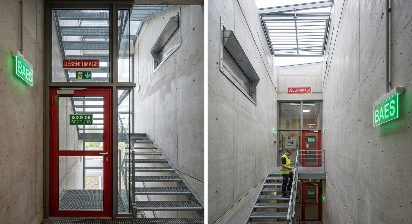 Desenfumage escalier encloisonne ERP avec ouvrant en toiture
