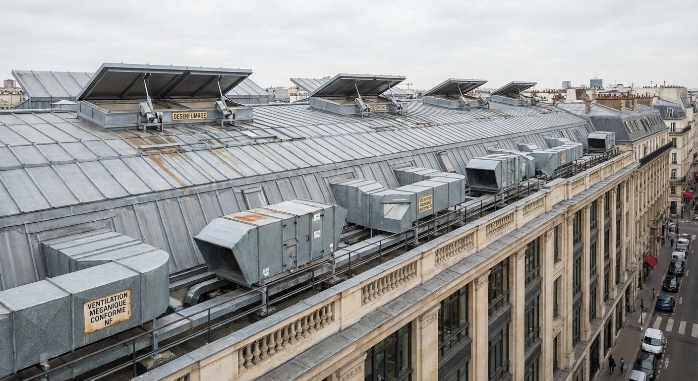 Système de désenfumage mécanique sur toiture d'un ERP