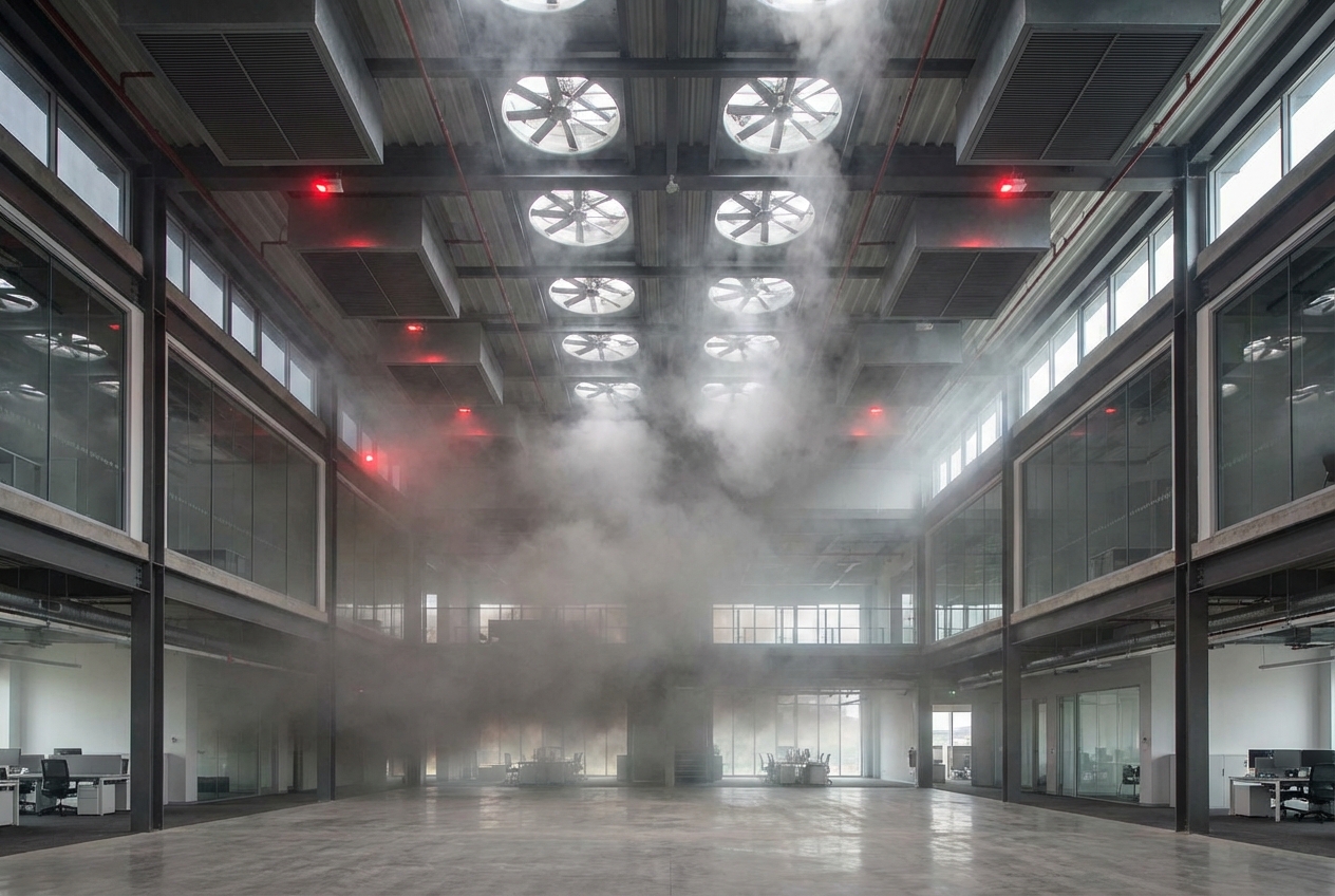 Mise en sécurité incendie d’un bâtiment : les 5 fonctions du SMSI 4 Alise SSI – Sécurité et Sérénité Assurée Alise Système de désenfumage en action dans un bâtiment commercial