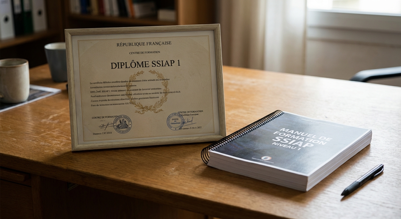 Formation SSIAP 1 : programme, prérequis et débouchés 4 Alise SSI – Sécurité et Sérénité Assurée Alise Diplôme SSIAP 1 et manuel de formation sur un bureau