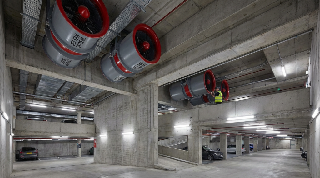 Désenfumage parking souterrain : obligations et solutions techniques 6 Sécurité et Sérénité Assurée Alise SSI Systeme de desenfumage dans un parking souterrain avec jet fans au plafond