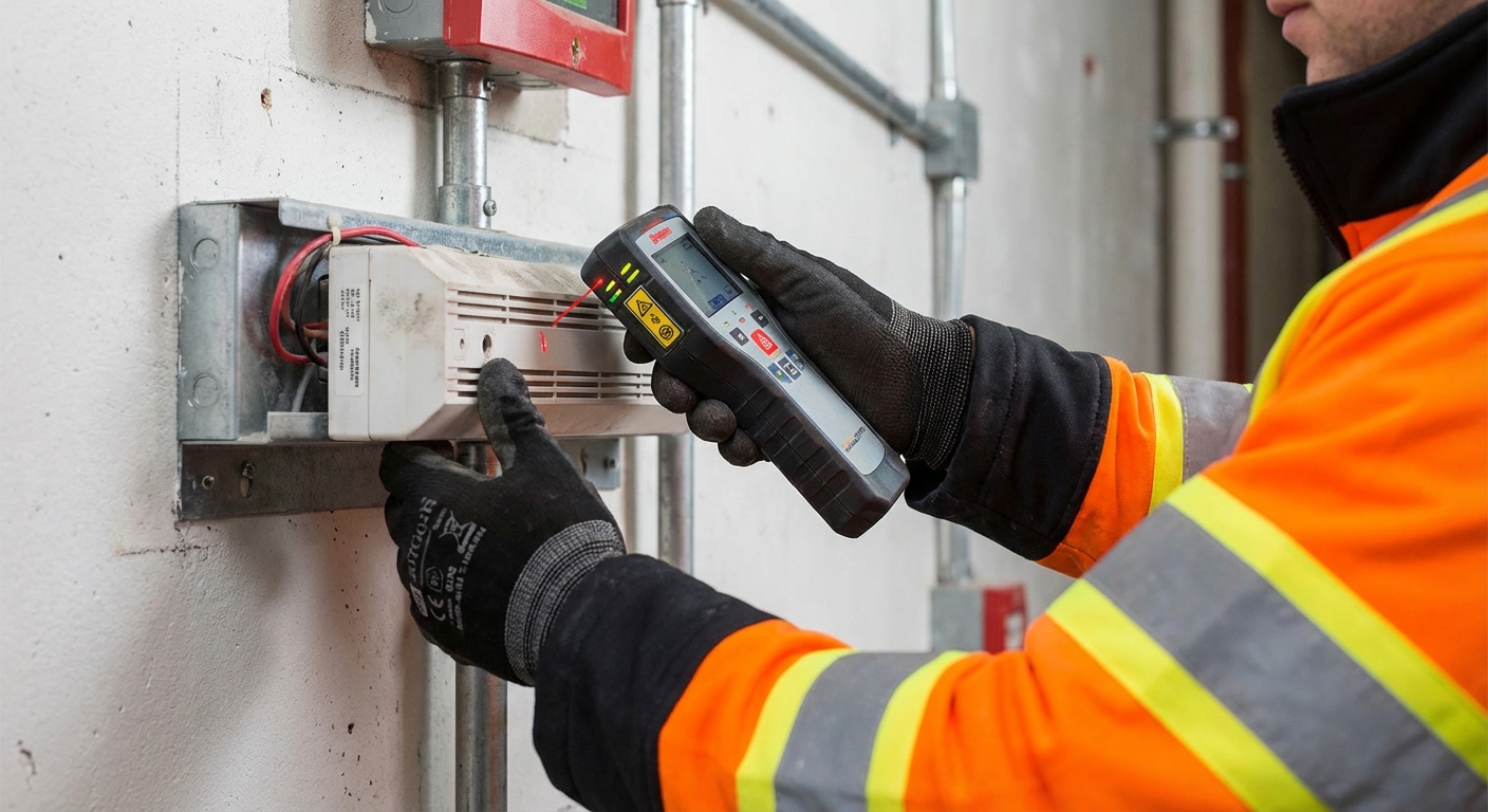 Détecteur linéaire de fumée : fonctionnement et applications 4 Alise SSI – Sécurité et Sérénité Assurée Alise Technicien alignant un détecteur linéaire de fumée avec un outil spécialisé