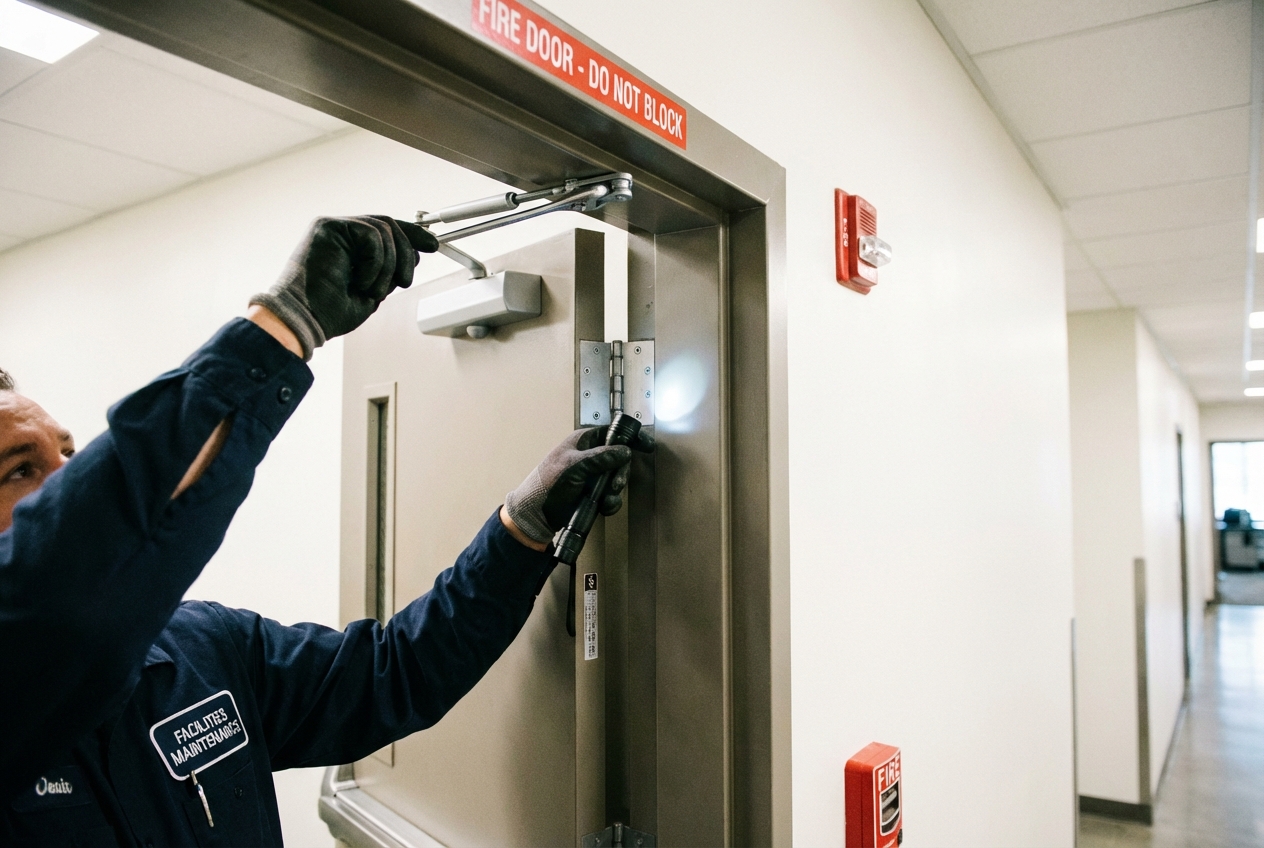 Entretien porte coupe-feu : obligations et fréquence de contrôle 1 Alise SSI – Sécurité et Sérénité Assurée Alise Technicien inspectant les charnières et le ferme-porte d'une porte coupe-feu