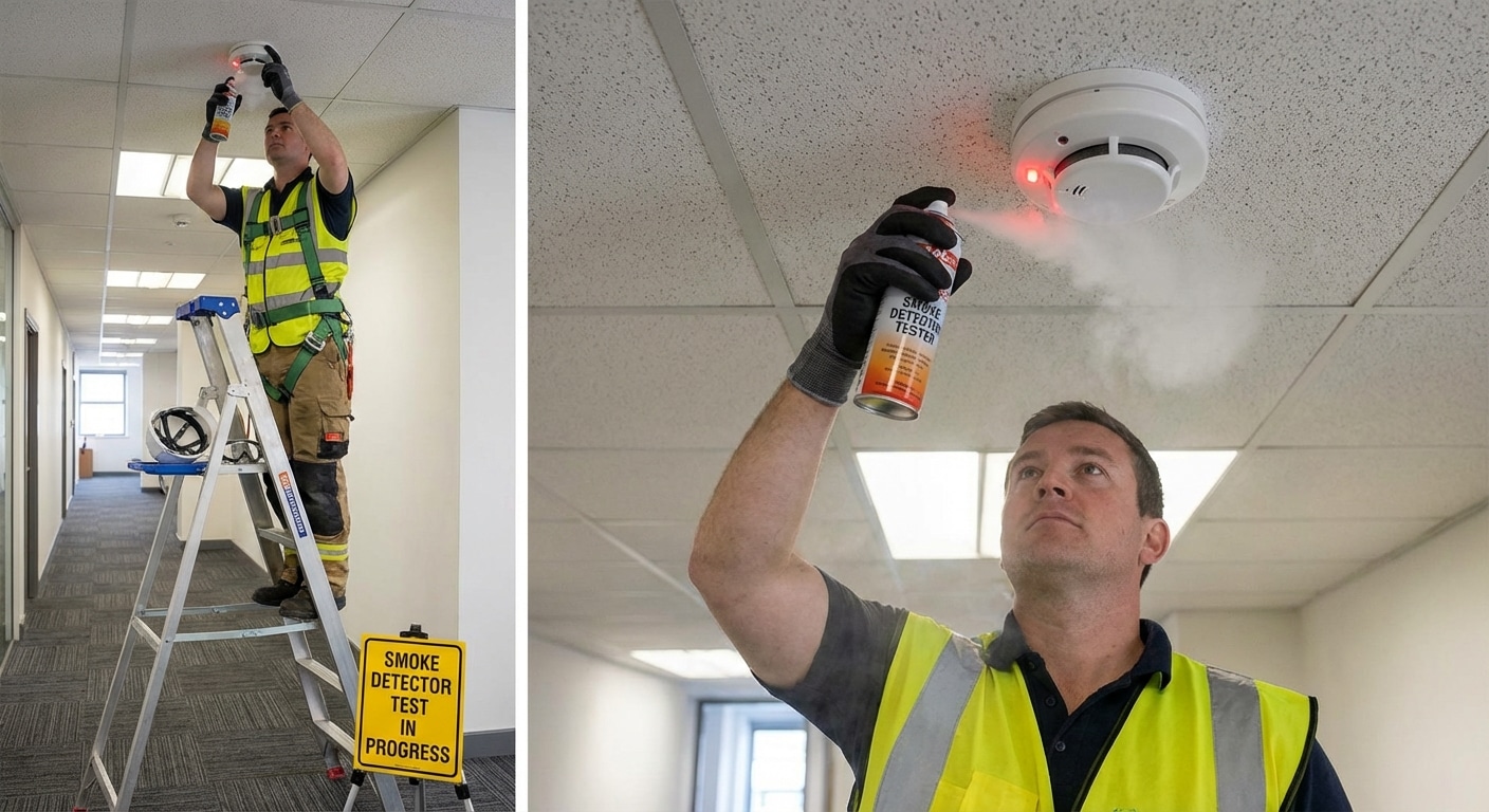 Maintenance SSI : garantir sécurité & conformité 🔥 1 Sécurité et Sérénité Assurée Alise SSI Technicien testant detecteur fumee avec aerosol