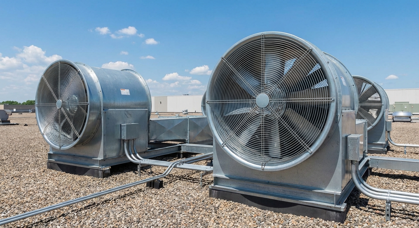 Désenfumage mécanique en ERP : avantages et contraintes d'installation 2 Alise SSI – Sécurité et Sérénité Assurée Alise Ventilateurs industriels d'extraction de fumée montés sur toiture de bâtiment commercial