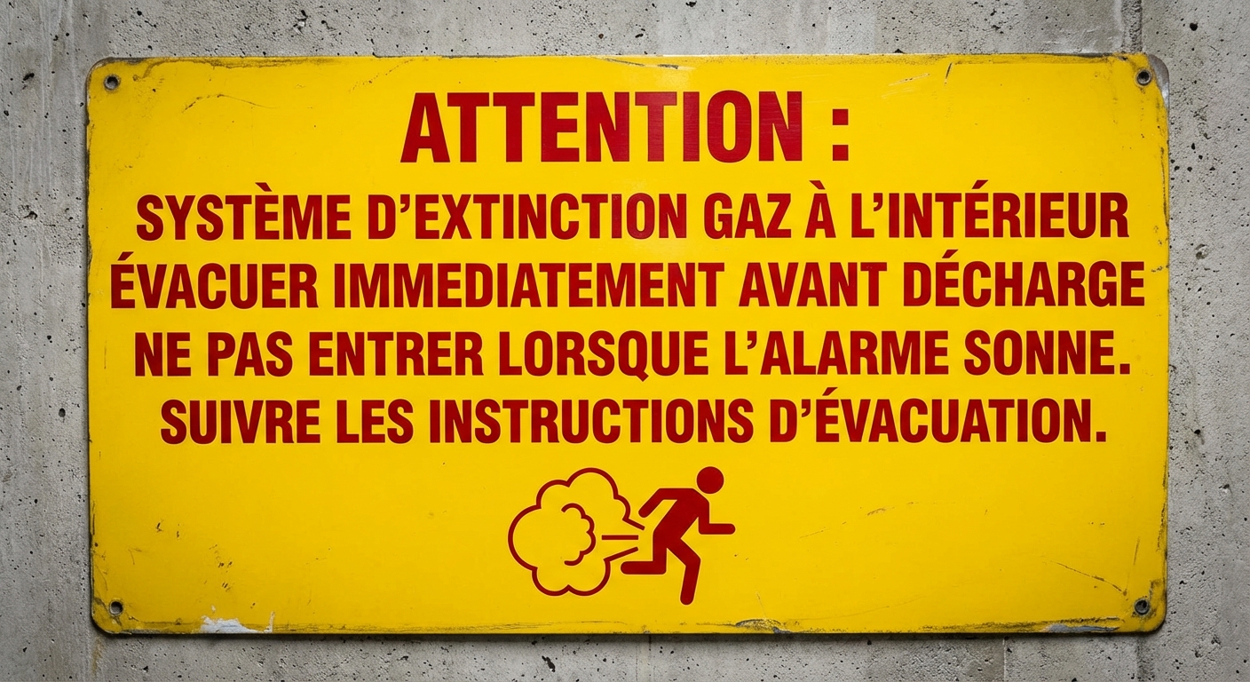 Extinction automatique à gaz : fonctionnement et avantages 3 Alise SSI – Sécurité et Sérénité Assurée Alise Panneau avertissement extinction gaz evacuation obligatoire