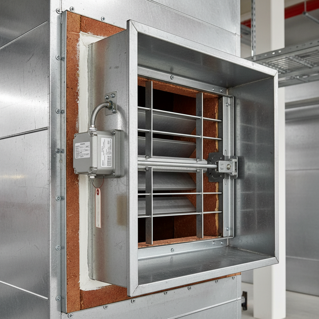 Asservissement SSI : volets, portes et clapets en cas d’incendie 1 Sécurité et Sérénité Assurée Alise SSI Clapet coupe-feu motorisé installé dans une gaine de ventilation