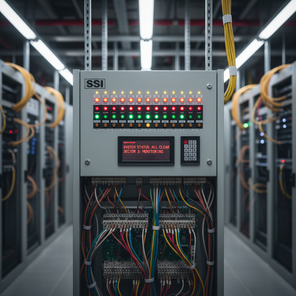 Installation SSI en immeuble de grande hauteur (IGH) : spécificités 2 Alise SSI – Sécurité et Sérénité Assurée Alise Gros plan sur une centrale de sécurité incendie SSI avec voyants et affichage numérique