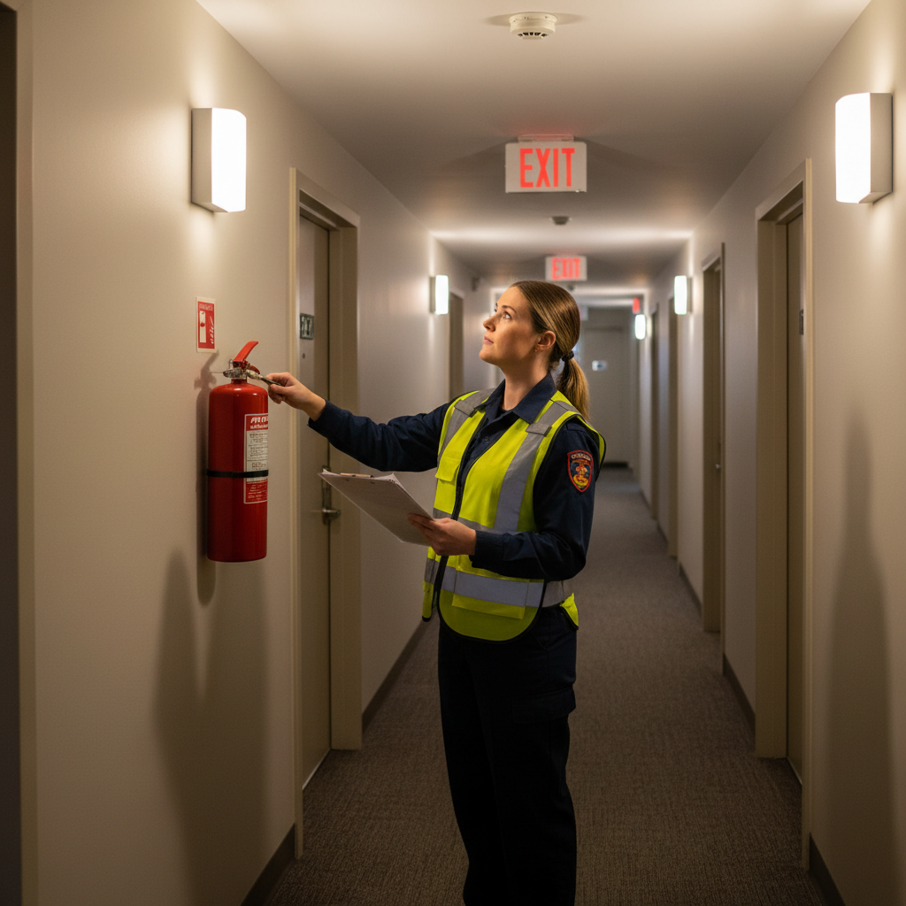 Sécurité incendie en copropriété : obligations du syndic 2 Alise SSI – Sécurité et Sérénité Assurée Alise Inspecteur vérifiant un extincteur et un détecteur de fumée dans le couloir d'un immeuble résidentiel
