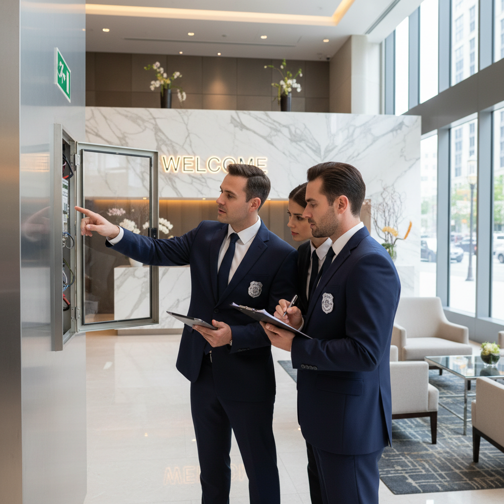 Sécurité incendie en hôtel : obligations et équipements requis 2 Sécurité et Sérénité Assurée Alise SSI Commission de sécurité vérifiant les équipements incendie dans un hôtel