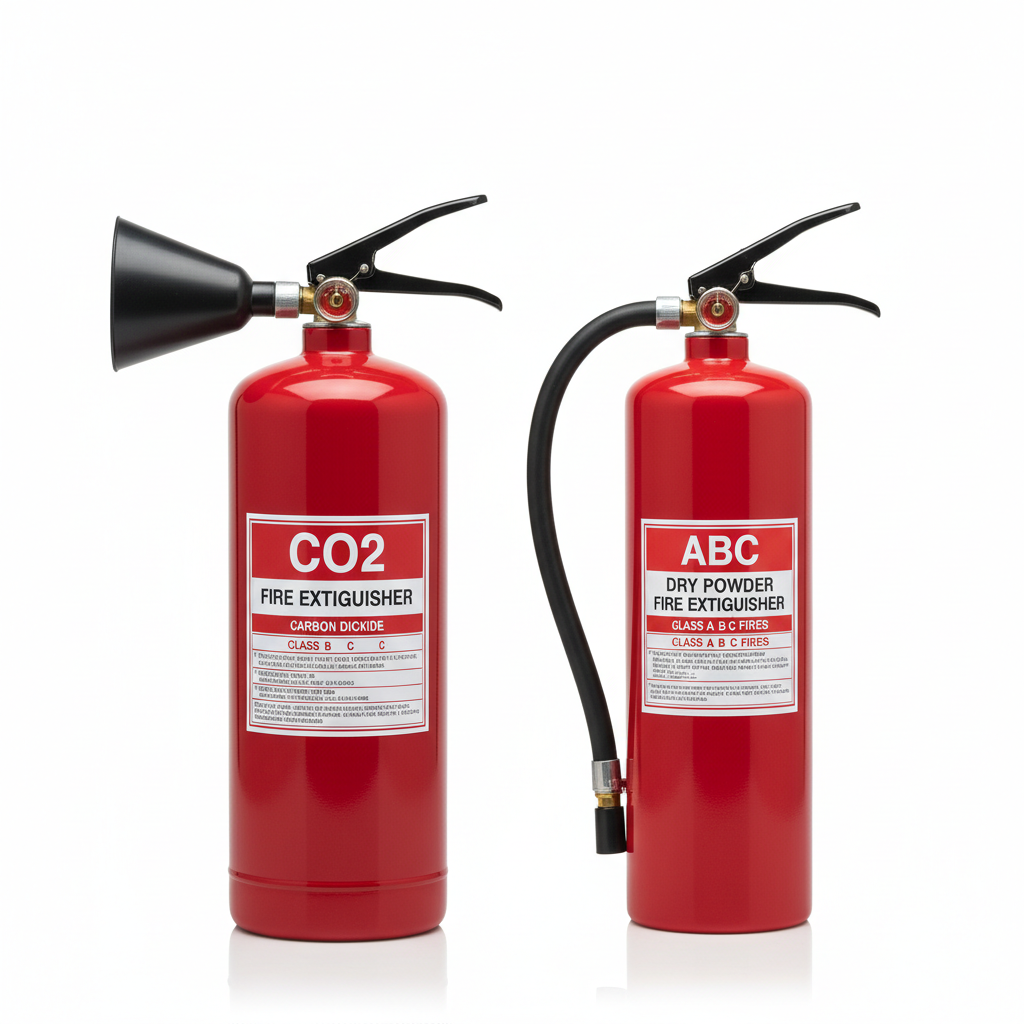 Extincteur CO2 ou poudre : lequel choisir pour votre entreprise ? 2 Sécurité et Sérénité Assurée Alise SSI Comparaison extincteur CO2 et extincteur poudre ABC côte à côte