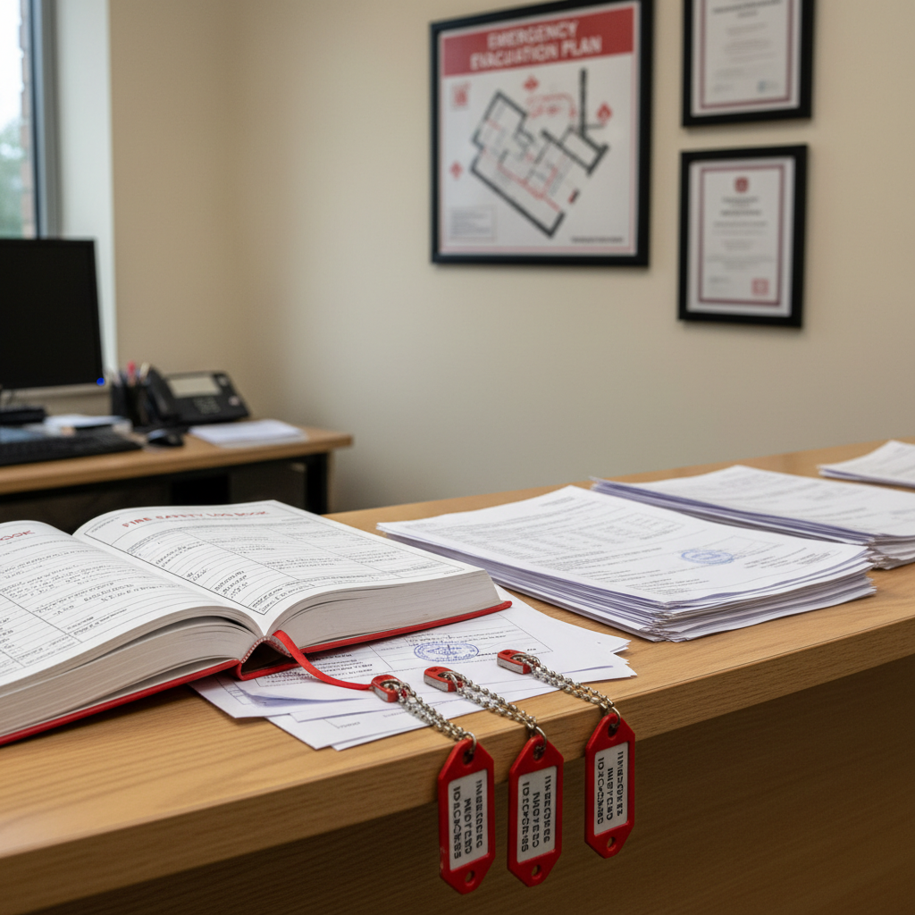 Commission de sécurité incendie : comment se déroule la visite ? 1 Sécurité et Sérénité Assurée Alise SSI Registre de sécurité incendie ouvert sur un bureau avec documents de vérification et plans d'évacuation