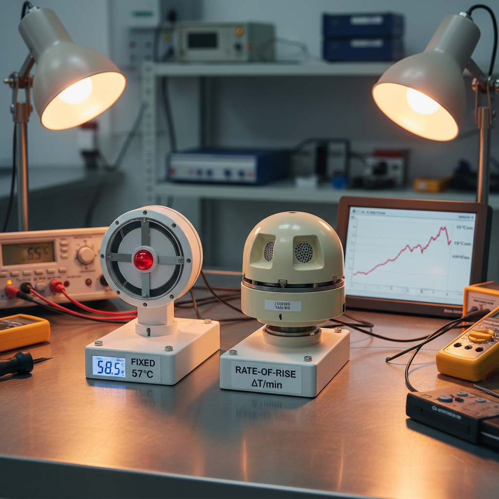 Détecteur de chaleur thermostatique vs thermovélocimétrique 1 Sécurité et Sérénité Assurée Alise SSI Deux types de détecteurs de chaleur côte à côte sur un banc d'essai en laboratoire