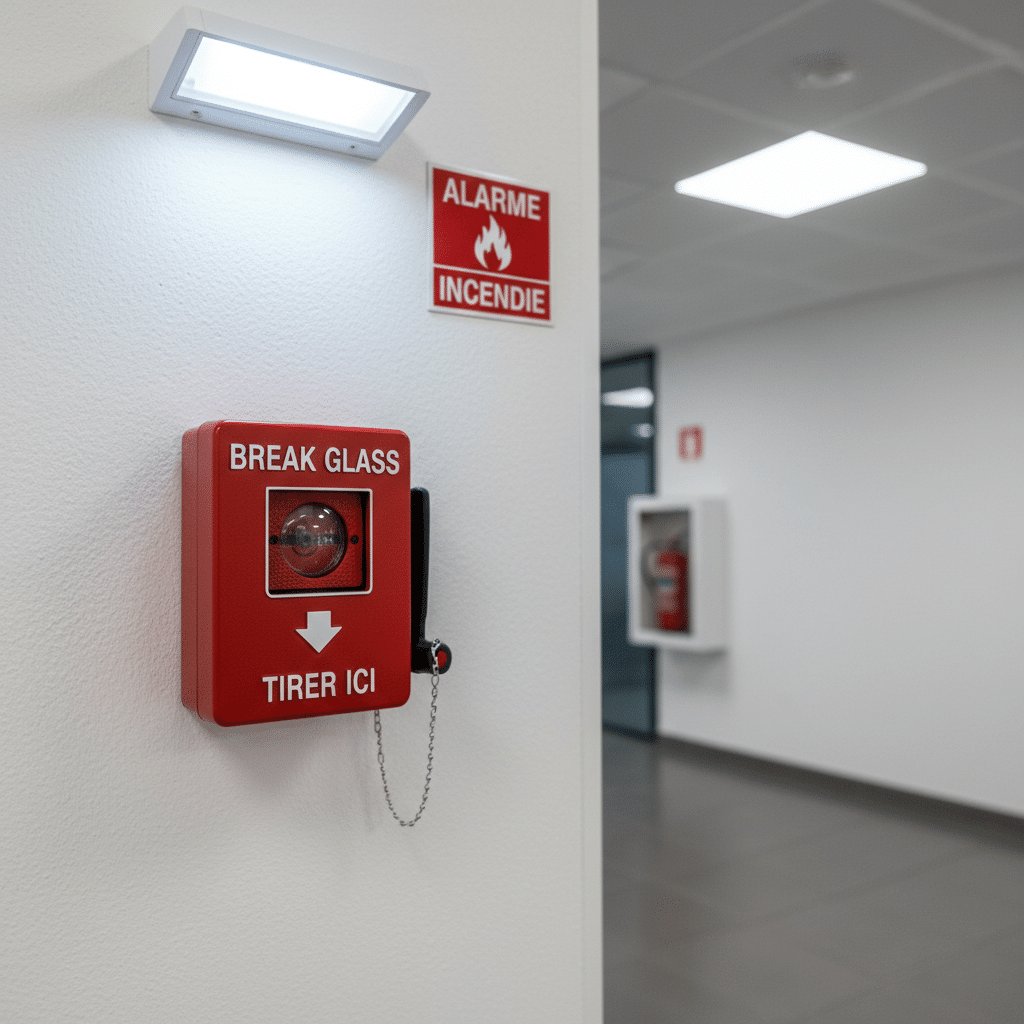 Alarme incendie type 1 vs type 4 : comparatif et obligations 1 Sécurité et Sérénité Assurée Alise SSI Déclencheur manuel rouge alarme incendie installé sur un mur dans un bâtiment commercial