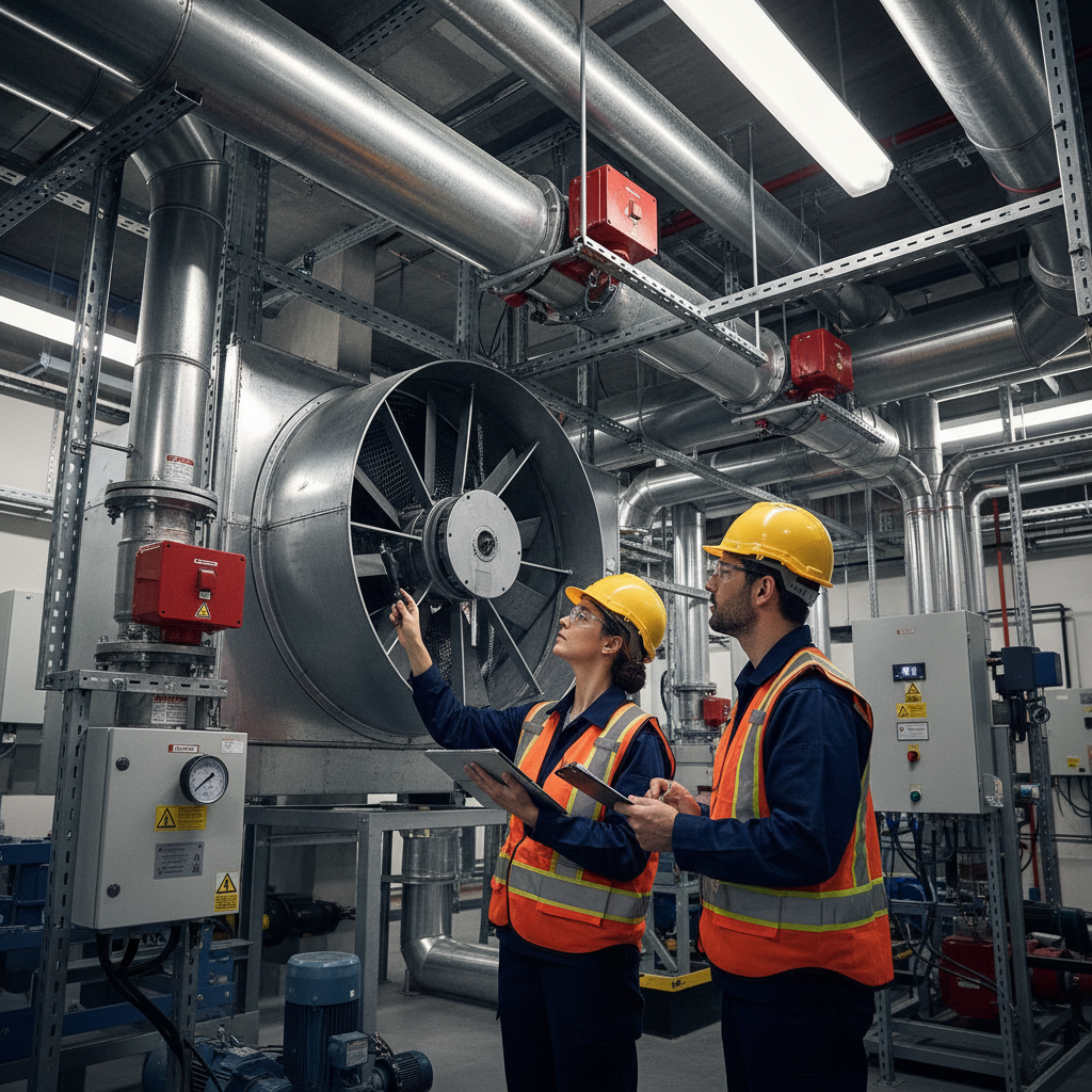 Obligations désenfumage en ERP de 1ère catégorie 2 Alise SSI – Sécurité et Sérénité Assurée Alise Ingénieur inspectant les ventilateurs d'extraction de désenfumage dans un local technique d'un grand ERP