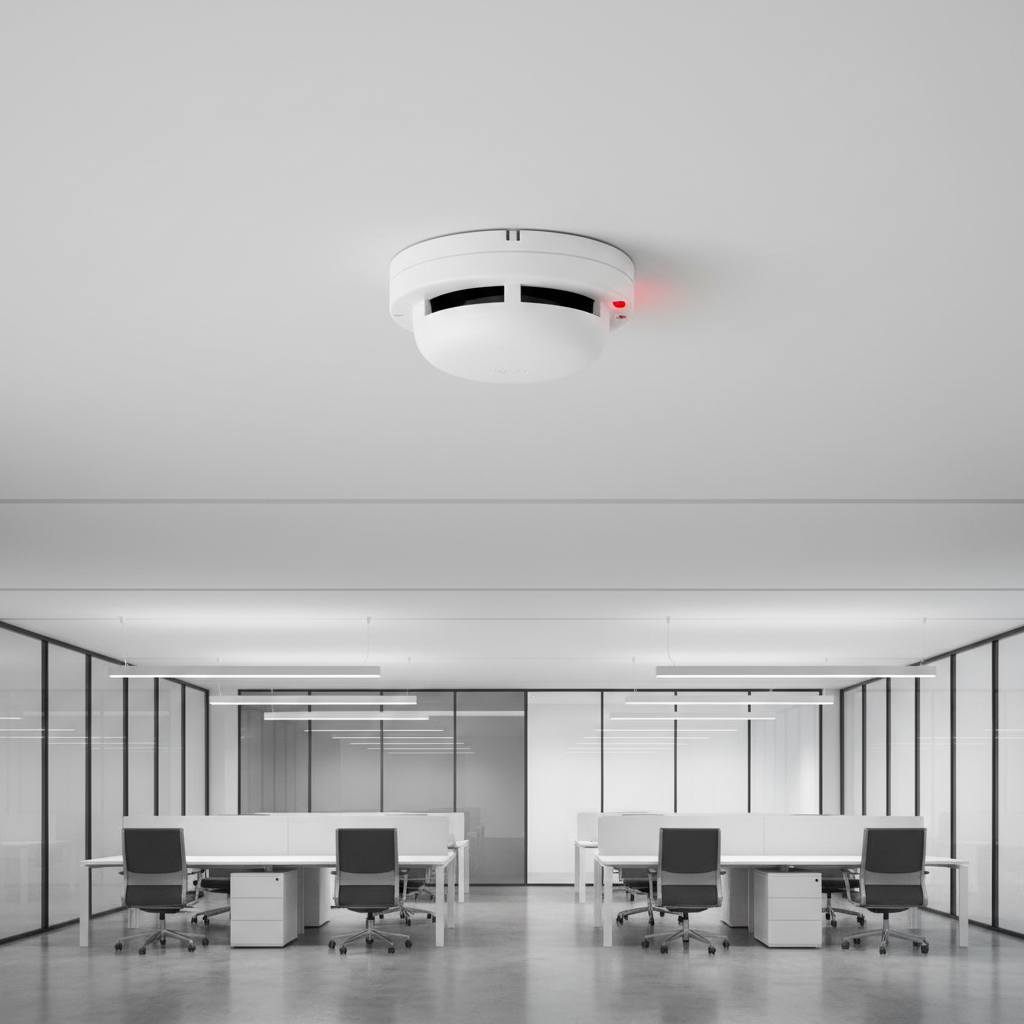 Norme NF S61-970 : exigences pour les systèmes de détection incendie 1 Alise SSI – Sécurité et Sérénité Assurée Alise Détecteur de fumée adressable installé au plafond avec LED rouge dans un bâtiment tertiaire moderne