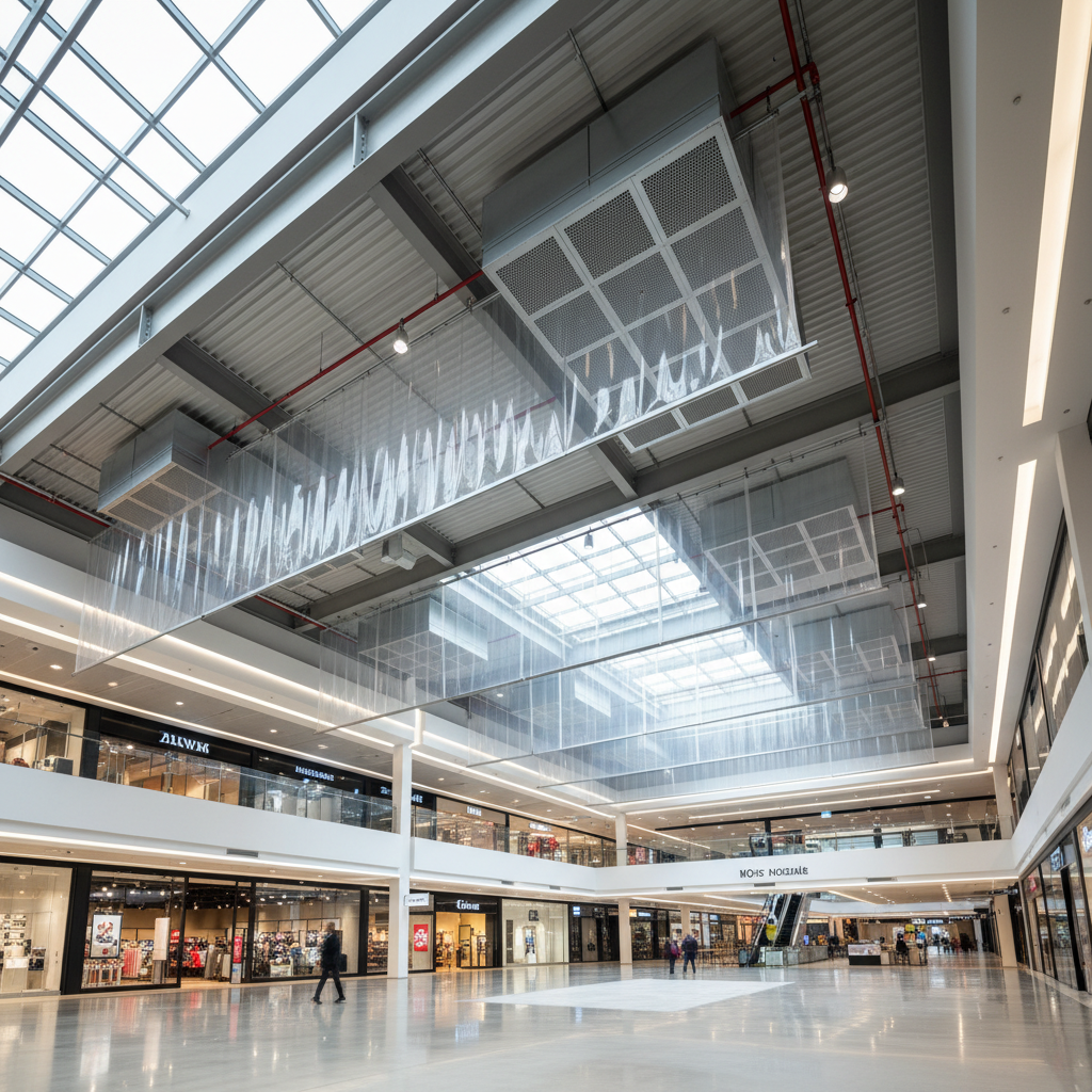 IT 246 désenfumage : comprendre l’instruction technique 1 Sécurité et Sérénité Assurée Alise SSI Écrans de cantonnement et bouches de désenfumage au plafond d'un centre commercial