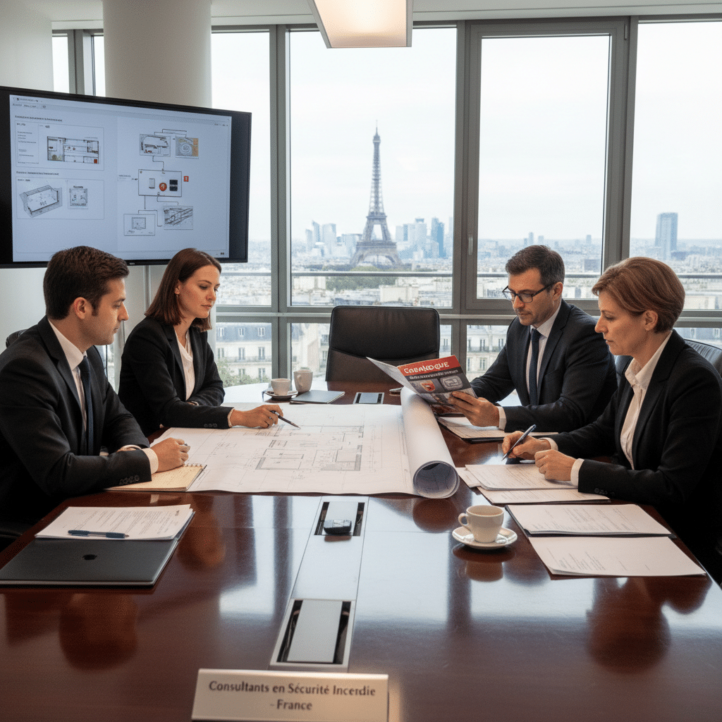 Mise en conformité incendie ERP : les étapes pour être aux normes 2 Sécurité et Sérénité Assurée Alise SSI Équipe de professionnels en sécurité incendie examinant des plans de conformité ERP